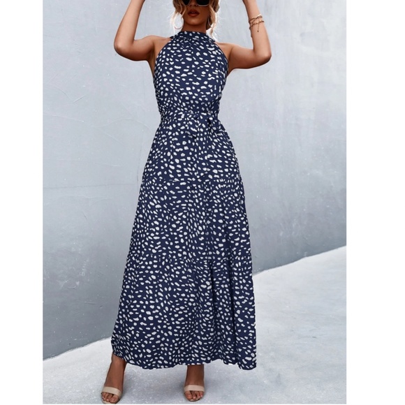 Spotted Print Maxi Dress Tie Belt High Neck - Picture 6 of 15